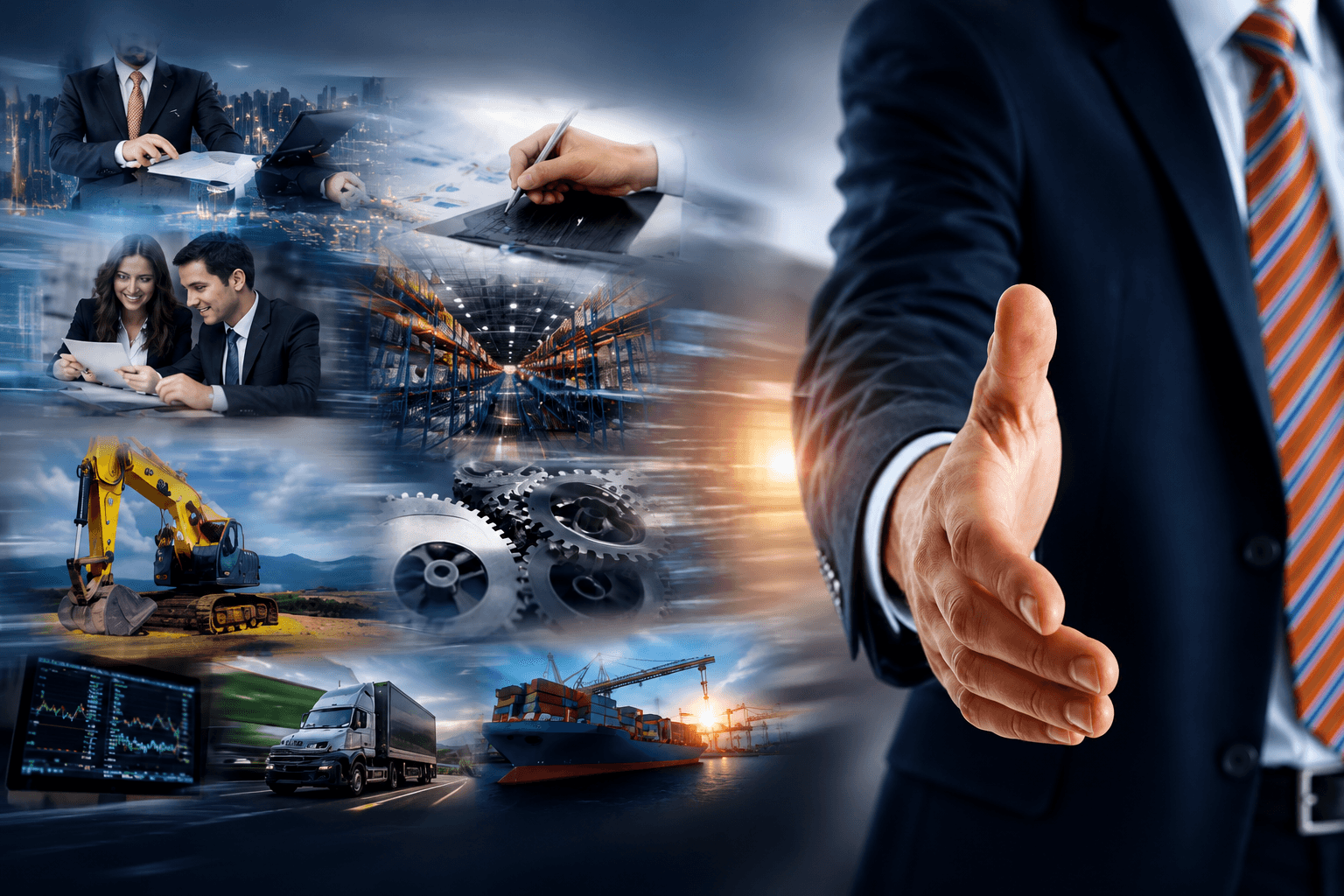 Partnership handshake with global logistics and industry